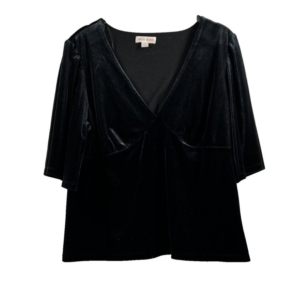Knox Rose Babydoll Top Velvet L Solid Black‎ Puff Sleeves Romantic Fairy V Neck